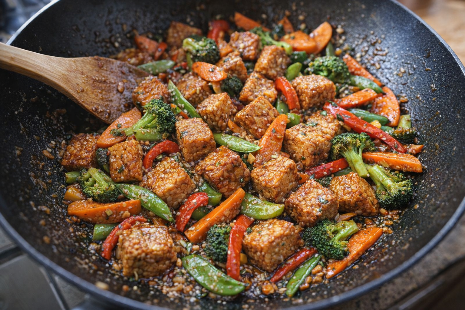 An overhead shot of golden-brown tempeh cubes tossed with vibrant vegetables and a savory sauce in a wok, bright natural light, focus on the textures